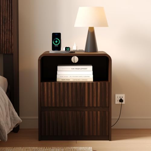 King Size Headboard with Nightstands, Boho Wood Head Board & Nightstand Set of 2 with Charging Station & LED Lights, Modern Fluted Wall-Mounted Bed Headboards for Bedroom, Height Adjustable, Walnut