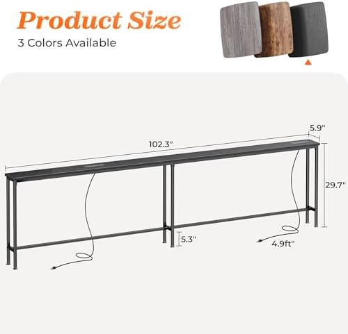 SUPERJARE 102 Inch Sofa Table with 2 Power Outlets and USB-C Ports, 5.9 Inch Narrow Console Table with Storage, Extra-Long Entryway Hallway Couch Table Behind Sofa, Small Spaces, Living Room, Black