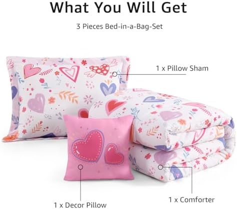 Twin Comforter Set for Girls-3 Pieces Heart Printed Twin Bedding Sets