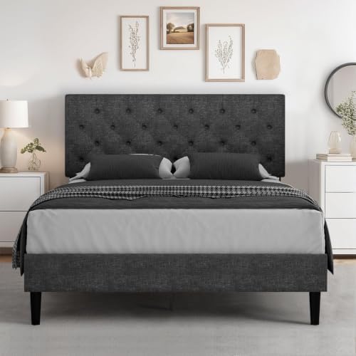 HOMBCK Full Size Bed Frame with Adjustable Headboard, Dark Grey