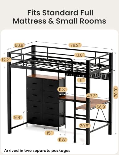 Full Metal Loft Bed with L-Shaped Desk and 8 Storage Drawers,Black