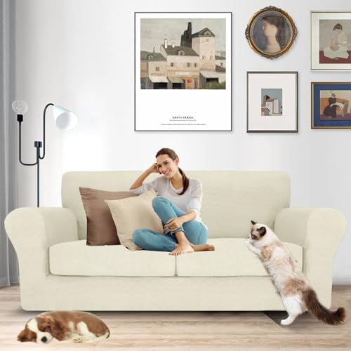 MAXIJIN 3 Piece Couch Covers for 2 Cushion Couch Sofa Cover, Stretch Loveseat Sofa Slipcovers for Sofas with 2 Large Cushions, Thick Dogs Pet Furniture Covers (71"-91", Beige)