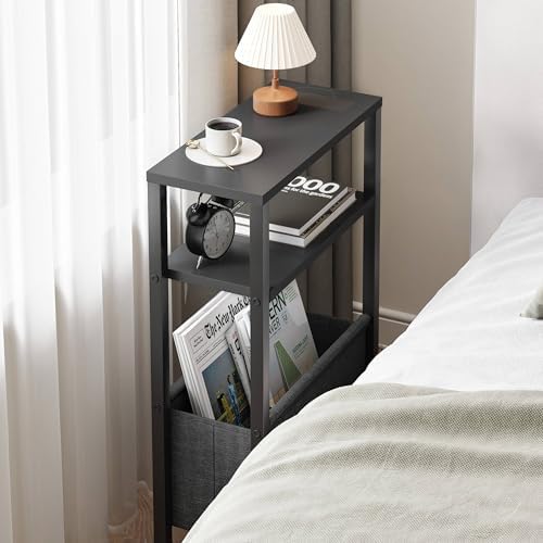 Narrow Side Table, Slim End Table with Magazine Rack, Skinny Bedside Table for Small Spaces, 3 Tier Sofa Couch Table Nightstand for Living Room, Bedroom, Black LET503B