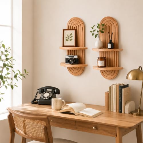 2 Pcs Wooden Rainbow Arch Wall Shelf with Double Tier Design