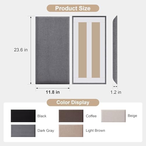 Fromann Upholstered Wall Mounted Headboard for Queen/TXL/King Size Beds, Peel and Stick Headboard 23.6" x 11.8"/PC, Interior Wall Panels for Bedroom Study, Headboards Only (6, Dark Grey)