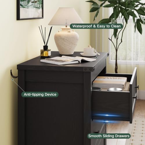 Farmhouse Nightstands Set of 2, Bedside Table with Drawers, Black