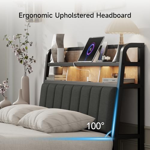 Full Headboard Only with Storage, Charging Station, Black & Brown