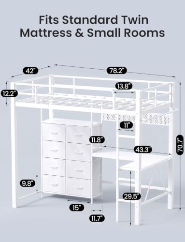 Twin Size Metal Loft Bed with L-Shaped Desk and 8 Storage Drawers,White