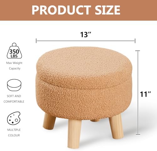 Wimarsbon Storage Ottoman, Modern Round Footrest with Soft Padded Seat, Teddy Velvet Footstool with Wood Legs, Accent Small Table or Plant Stand for Hallway, Living Room (Champagne)
