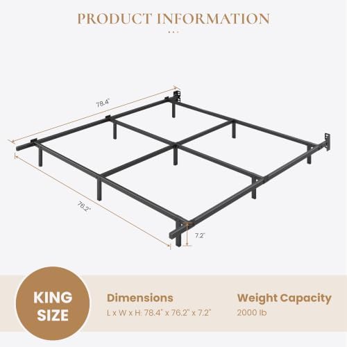 SHA CERLIN 7 Inch Metal Bed Frame, 9-Leg Box Spring Base, Black, King