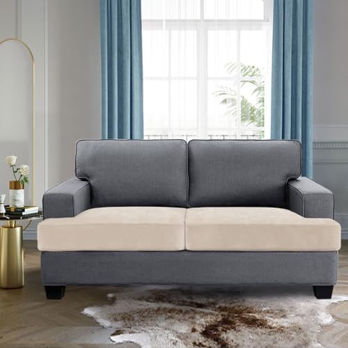 H.VERSAILTEX Stretch Velvet 2 Piece T Cushion Sofa Slipcovers for Living Room Individually Sofa Covers for 2 Cushion Seat Cushion Covers Stay with Elastic Bands (Sofa, Butter Cream)