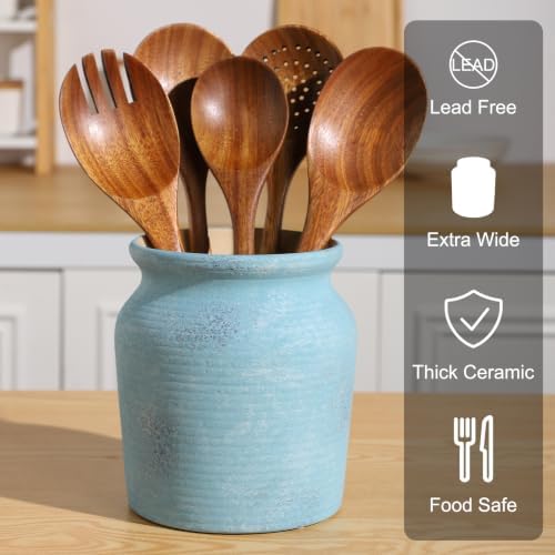 Ceramic Farmhouse Kitchen Utensil Holder for Countertop, Rustic Cooking Utensil Holder Crock Fit for Kitchen Counter. Blue Series.