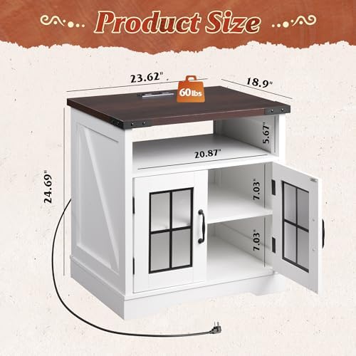WLIVE Farmhouse End Table with Charging Station & LED Light for Living Room