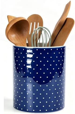 Kitchen Utensil Holder,7.2-inch Extra Large Ceramic Polka Dots Pattern Utensil Crock,Cooking Utensil Organizer for Kitchen Counter Decor,Storage Caddy Farmhouse Gift Dark Blue
