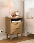 Nightstand with Charging Station, Boho Night Stand with 1 Drawer, Modern Side Accent Table with Open Shelf, Wooden Top Bedside End Table for Bedroom, Living Room, Natural