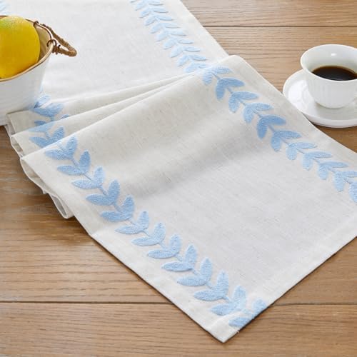 Wracra Embroidered Table Runner, Blue Table Runners 90 Inches Long