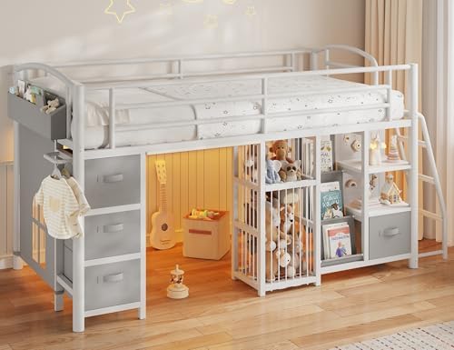 Twin Low Loft Bed, Kids Loft Bed, Storage Drawers, LED Lights, White Gray
