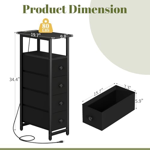 Yoobure Narrow Nightstand with Charging Station, LED Tall Narrow Side Table