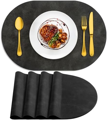 ADRIMER Oval Placemats Set of 4, Wipeable Faux Leather, Dark Grey