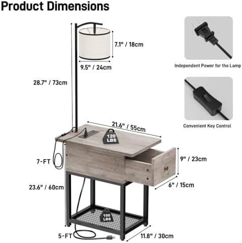 runjuly Floor Lamp with Table, Narrow Side Table with Charging Station