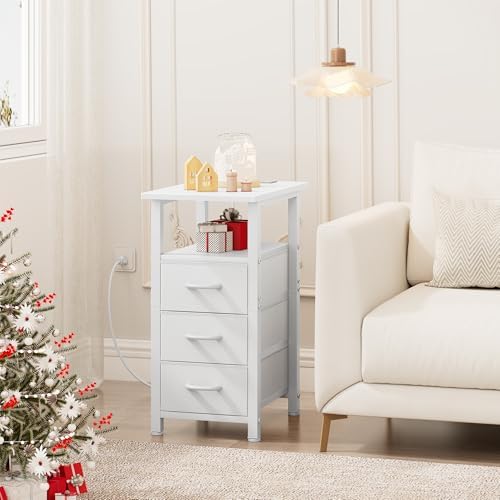 Vagusicc White End Table with Charging Station, Narrow Side Table, Narrow Nightstand with 3 Fabric Drawers, Slim Sofa Side Table for Small Spaces, Small Night Stand for Bedroom, White