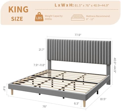 King Bed Frame with Adjustable Headboard, Velvet Upholstered Platform Bed