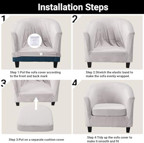 Barrel Chair Covers 2 Piece, Grey Club Tub Barrel Chair Slipcover with Cushion Cover, Soft Armchair Sofa Cover Stretch Furniture Protector with Elastic Bottom for Living Room Bar Hotel