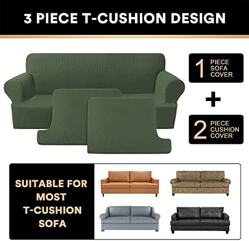 PrinceDeco T Cushion Loveseat Slipcover - 3 Pieces Sofa Cover for 2 Cushion Couch with 2 Individual T Shape Seat Covers Width Up to 76 Inch - Stretch, Machine Washable, Bronze Green