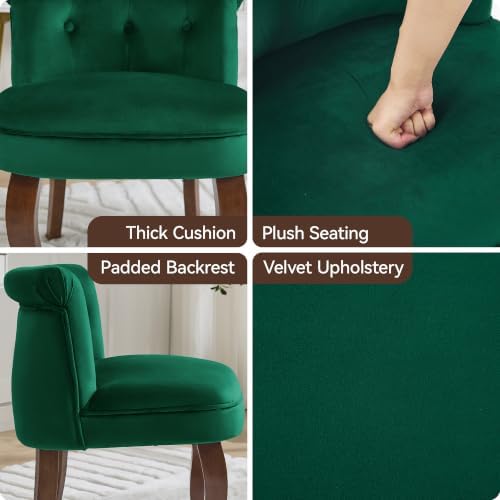 WUTUTUEE Velvet Vanity Chair with Back, Tufted Upholstered Vanity Stool with Solid Wood Legs, Mid Century Small Makeup Chair for Vanity, Accent Chair for Bedroom, Living Room, Green