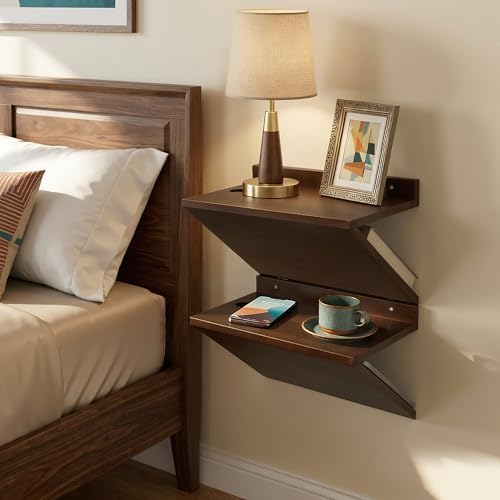 Floating Nightstand Set of 2 Walnut Bedside Table Wall Mounted Wood