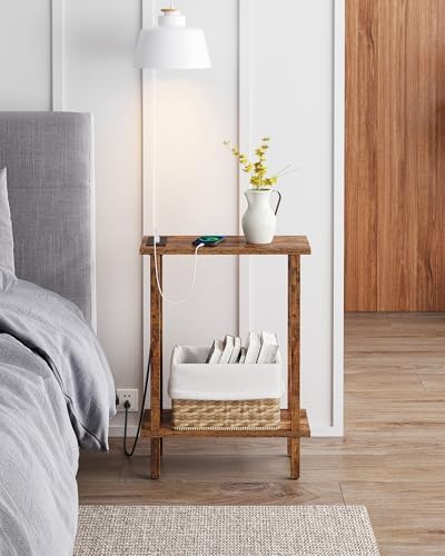 TUTOTAK Narrow Side Table, 2-Tier Small End Table with Charging Station