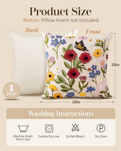 Embroidered Throw Pillow Cover 18x18 Inch, Retro Flower