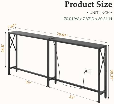 Gewudraw 70" Sofa Table Behind Couch with Socket-Narrow Console Table,Black