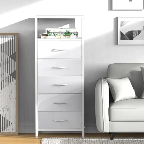 5 Drawers White Tall Fabric Dresser for Bedroom, Dorm Nightstand