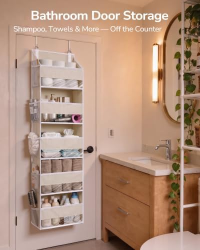 ULG 1-Pack Over Door Organizer with 5 Large Pockets 10 Mesh Side Pockets, 44 lbs Weight Capacity Hanging Storage Organizer with Clear Window for Bedroom Bathroom Kitchen, RV, Camper, Beige