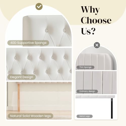 Kingfun Tufted Upholstered Full Size Bed Headboard in Modern Button Design, Adjustable Solid Wood Head Board, Premium Velvet Fabric Padded Headboards in Bedroom (White)