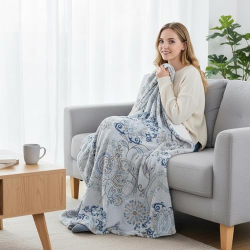 Neasow Teal Fleece Throw Blanket, Light Blue Paisley Design Floral Cozy Decor Nap Blankets for Sofa Bed Couch Chair or Dorm Throws 40×50 inches