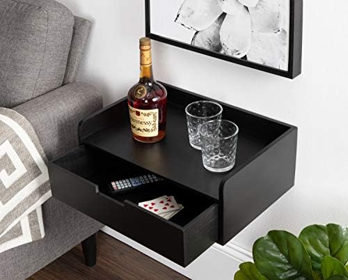 Kate and Laurel Kitt Modern Floating Wall Shelf Side Table with Drawer, 18" x 12" x 6.5", Black