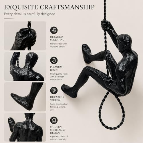 ClookRack Modern Climbing Wall Decor Set of 3, Black Resin Sculptures