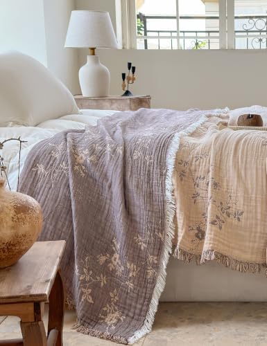 FALUCA Muslin Cotton Throw Blanket Boho Floral Jacquard with Fringe, 104 * 90 Wild Rose Pattern, Reversible Soft Breathable Cover for Couch Sofa Bedroom Vintage Farmhouse Home Decorative, Clay&Brown