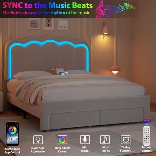 Full Upholstered LED Bed Frame with 2 Storage Drawers and Adjustable Chic Double Wavy Headboard, Velvet Prince Platform Bed with Charing Station, Solid Wood Slats Support,No Box Spring Needed,Grey