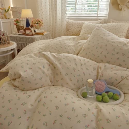Floral King Duvet Cover Cotton Double Gauze King Comforter Cover with Zipper French Country Rustic Boho Duvet Cover Set with Ties Vintage Girls Bedding Set Soft Duvet Protector