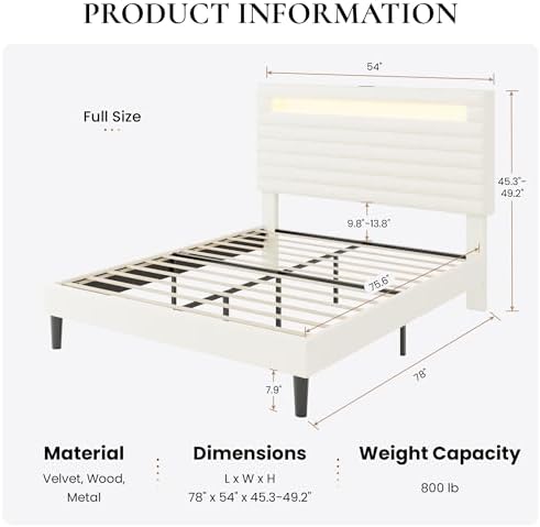 SHA CERLIN Full Bed Frame with LED Light & 2-Tier Storage Shelf, Cream