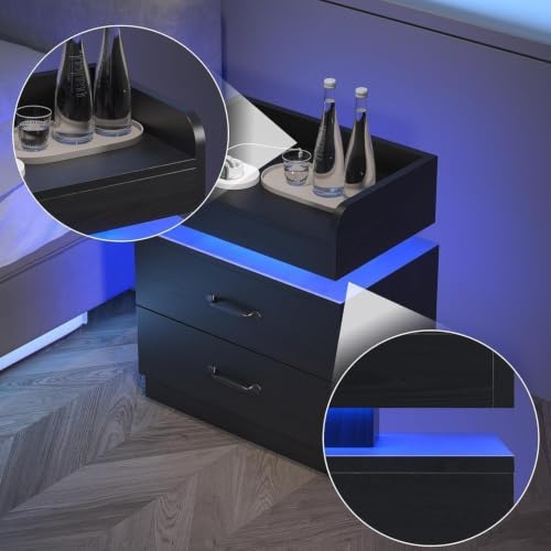 4ever2buy Black Nightstand Set of 2 with Charging Station and LED Lights