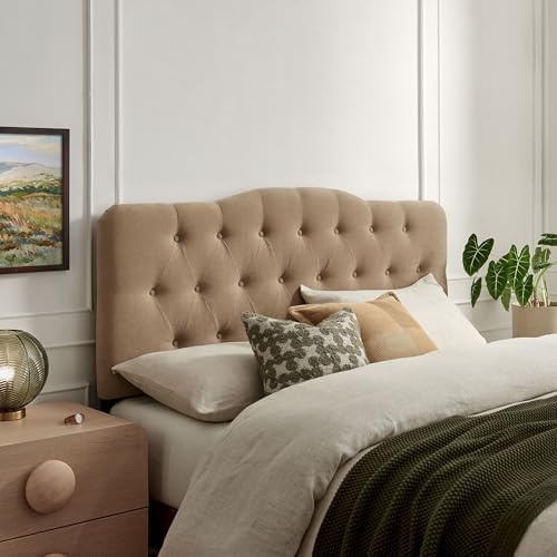 Modway Annabel Premium Linen Blend Full Headboard in Almond - Soft Fabric Headboard Only with Diamond Button Tufting and 7 Height-Adjustable Positions