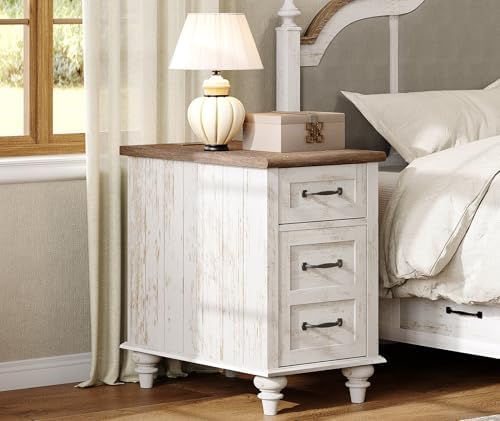 WAMPAT Set of 2 End Tables with Charging Station, Antique White Nightstands
