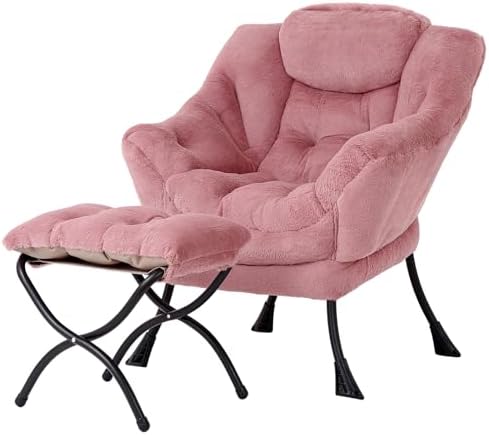 Welnow Lazy Chair with Ottoman, Reading Chair with Footrest, Dark Pink