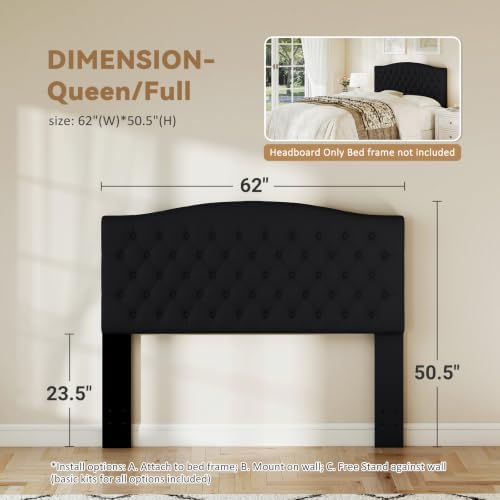 Befurtori Queen Headboard Only, Velvet Classic Tufted Design, Black