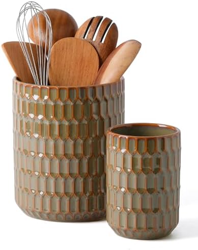 Utensil Holder, 7.5" + 5.3" Ceramic Kitchen Utensil Holder, Green