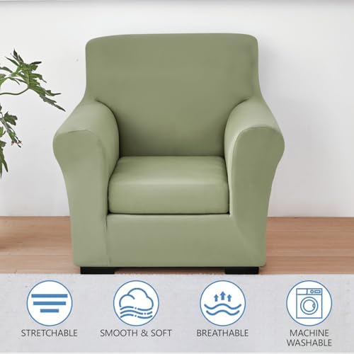 Stretch Sofa Cover Couch Covers, 2-Piece Armchair Cover with Separate Cushion Cover, Washable Soft Spandex Furniture Protector for Living Room(Armchair, Light Green)
